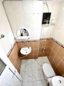 uma casa de banho com um lavatório, um WC e um espelho. em İstanbulun merkezinde şık 1+1 daire em Istambul