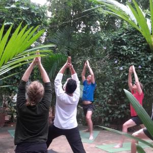 a group of people doing yoga in a garden at Kandy Eco Retreat in Kandy