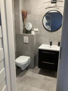 a bathroom with a toilet and a sink and a mirror at Apartament z balkonem blisko plaży in Niechorze