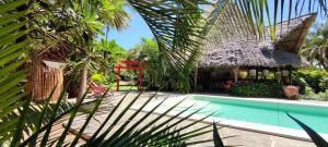 Lions' Luxury Eco Resort & Spa في ماليندي: منتجع فيه مسبح وكرسي احمر