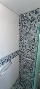 a bathroom with a shower with a tiled wall at Jose Luis Arenas del Mar Torre 1 in Punta del Este