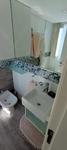 a bathroom with a sink and a toilet and a mirror at Jose Luis Arenas del Mar Torre 1 in Punta del Este