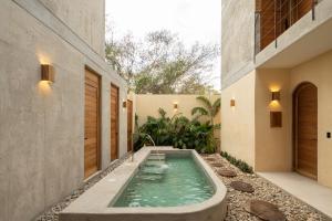 a lap pool in a courtyard of a house at Casa Kame in Puerto Escondido