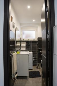 een badkamer met een witte wastafel en een spiegel bij Rovigno tesoro 1 in Rovinj