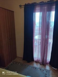 果尼亞卡林的住宿－Apartments Slavica，一间设有蓝色和粉红色窗帘和门的房间
