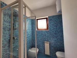 a blue tiled bathroom with a toilet and a shower at Sara blu apartment in Sorrento +7 photos
