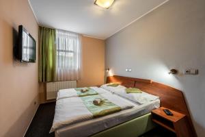 a bedroom with a large bed with a tv on the wall at Penzion a Restaurant Barbora in Kutná Hora