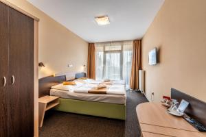 a hotel room with a bed and a window at Penzion a Restaurant Barbora in Kutná Hora