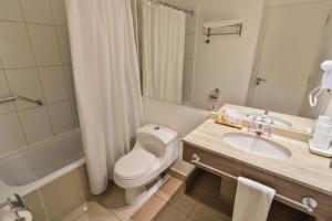 La salle de bains est pourvue de toilettes, d'un lavabo et d'une douche. dans l'établissement Geotel Calama, à Calama