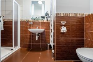 a bathroom with a sink and a toilet and a mirror at Penzion a Restaurant Barbora in Kutná Hora