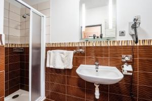 a bathroom with a sink and a shower at Penzion a Restaurant Barbora in Kutná Hora