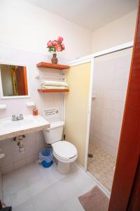 uma casa de banho com um WC, um lavatório e um chuveiro em La Casa Del Almendro em Playa del Carmen
