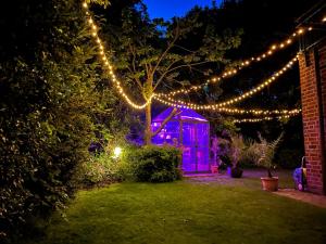 a garden with christmas lights and a house at Fewo Kurth - Haus Dulshorn in Wildeshausen
