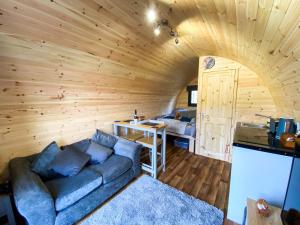In The Stix Glamping Pod في كريغالّاكي: غرفة معيشة مع أريكة في غرفة خشبية