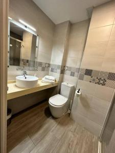 a bathroom with a white toilet and a sink at IV Apartamento junto a PLAZA MAYOR in Salamanca