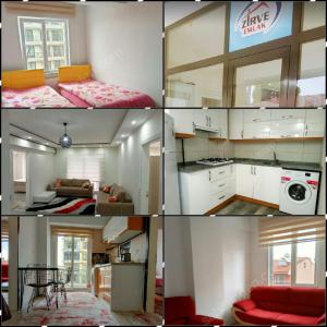 quatro imagens diferentes de uma cozinha e uma sala de estar em zirve apart em Acıpayam