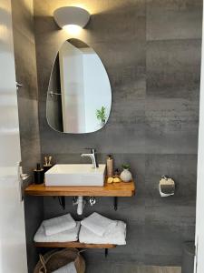 a bathroom with a sink and a mirror at Fatolitis Studios in Masouri
