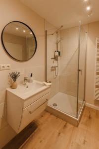 een badkamer met een douche, een wastafel en een spiegel bij Holt Stuuv in Ratzeburg