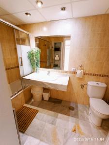 ein Badezimmer mit einem Waschbecken, einem WC und einem Spiegel in der Unterkunft APARTAMENTOS LOS HIDALGO GOLF in Manilva