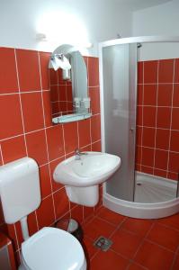 a red bathroom with a toilet and a sink at Pension Nicoleta in Costeşti