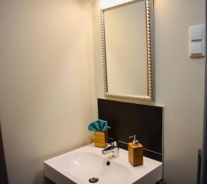 a bathroom with a white sink and a mirror at Scarbantia Casa in Sopron