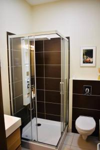 a bathroom with a glass shower and a toilet at Scarbantia Casa in Sopron