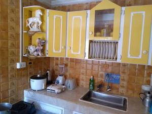 una cocina con armarios amarillos y fregadero en Posada Nativa Miss Casira, en San Andrés