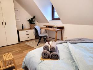 Schlafzimmer mit einem Bett, einem Schreibtisch und einem Stuhl in der Unterkunft Seezeit - gemütliche Ferienwohnung, Tiefgarage, Cospudener See in Markkleeberg