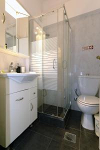 a bathroom with a shower and a toilet and a sink at Elaionas Studios in Gythio +37 photos