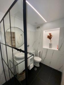 ein Badezimmer mit einem WC, einem Waschbecken und einem Spiegel in der Unterkunft Apartamento boutique Jaén 2 in Jaén