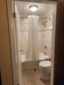 La salle de bains est pourvue de toilettes et d'une douche avec rideau. dans l'établissement Best Western White House Inn, à Bangor