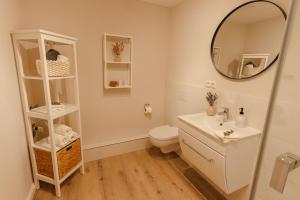 a bathroom with a sink and a toilet and a mirror at Holt Stuuv in Ratzeburg