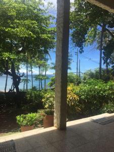 - une vue sur l'océan depuis la terrasse couverte ornée de plantes dans l'établissement Casa Susen, à Montezuma