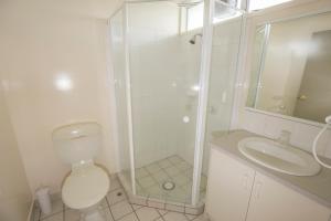 a bathroom with a shower and a toilet and a sink at Winter Getaway in Methven