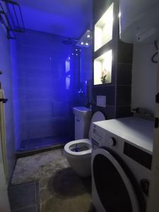 ein Badezimmer mit einem WC und einer Dusche mit blauem Licht in der Unterkunft Apartment Melli in Sarajevo