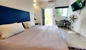 a bedroom with a large bed with a fan at Solana Downtown - Cozumel in Cozumel