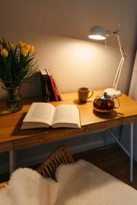 an open book on a desk with a lamp and a vase of flowers at Fine Stuuv in Ratzeburg