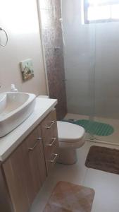 a bathroom with a sink and a toilet and a shower at Apartamento 5 min do Consulado Americano Porto Alegre in Porto Alegre