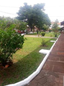 a garden with a grass field and a tree at Apartamento 5 min do Consulado Americano Porto Alegre in Porto Alegre