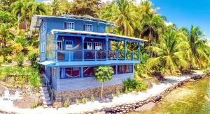a blue house on the beach with palm trees at MISTY MOONLIGHT VILLAS in Loma Partida