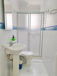 W łazience znajduje się toaleta, umywalka i prysznic. w obiekcie Apartamento centro histórico 303-2 w mieście Cartagena de Indias