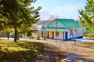 une petite maison avec un toit vert dans un champ dans l'établissement Berry House close to Talgar Almaty, à Kaynazarka