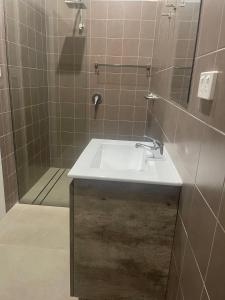 a bathroom with a sink and a shower at Bellbird Hotel in Cessnock