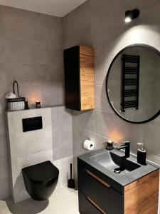 baño con aseo negro y espejo en Apartamenty Czarna Perła, en Kowary
