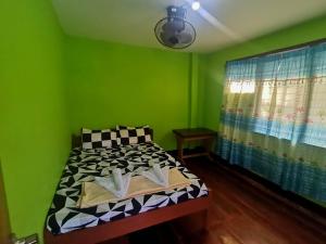 - une chambre verte avec un lit et une fenêtre dans l'établissement TIU Homestay-Port Barton, à Port Barton
