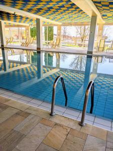 - une piscine avec réflexion dans l'eau dans l'établissement Ferienwohnung BergOase, à Scheidegg