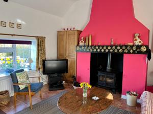 a living room with a red wall and a fireplace at Tornaroan Cottage in Ballycastle