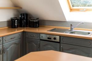 a kitchen with a sink and a counter top at Landhotel Cafe Prälank in Neustrelitz