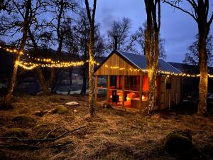 a cabin with christmas lights on it in the woods at The Dell at Glenlivet in Glenlivet