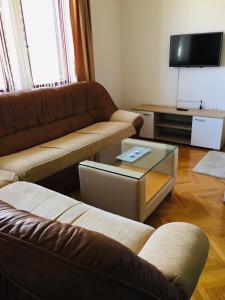 a living room with two couches and a tv at Apartments Mite in Ohrid
